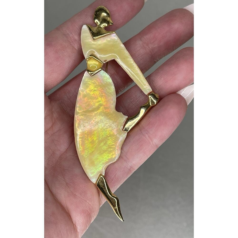 Vintage Park Lane Brooch Pearlized Lucite 3.5in Deco Style Retro Dancer Gold